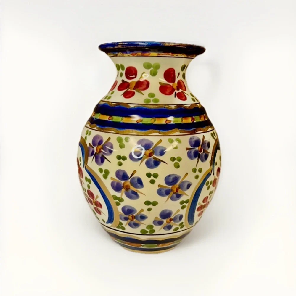 Vintage Hand Painted Floral Majolica Holland gilded Cobalt Blue Pot Vase 7” - Picture 2 of 4